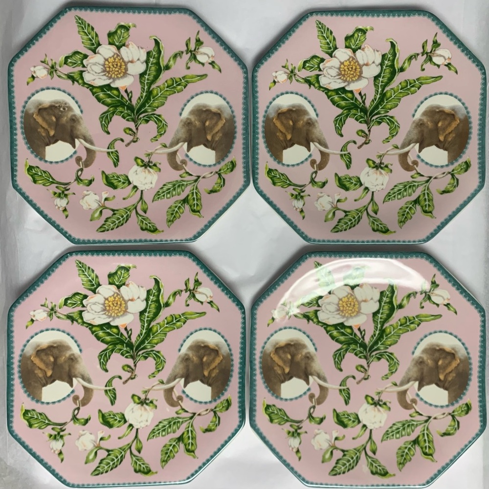 ANTHROPOLOGIE LOU ROTA “Nature Table” ELEPHANTS FLORAL OCTAGONAL PLATES SET OF 4